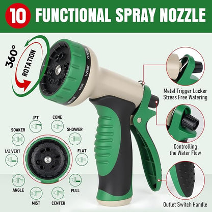 Garden Hose 50 ft x 5/8" with Nozzle, Water Hose Heavy Duty Flexible, Lightweight Kink-less Hybrid Hose with Swivel Handle, Male to Female Fittings
