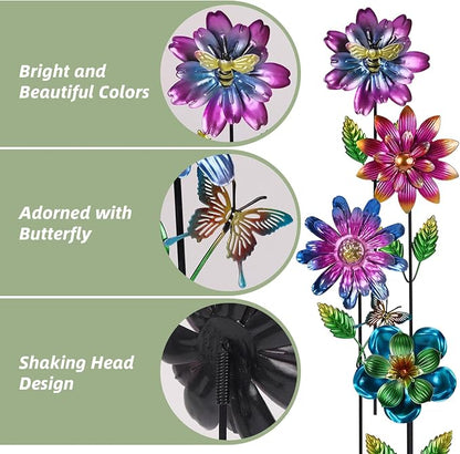 Calenzana Metal Flower Garden Stakes for Outside, 4 Pack Flower Garden Decor with Shaking Head for Yard Porch Lawn Pathway, Multi-Color