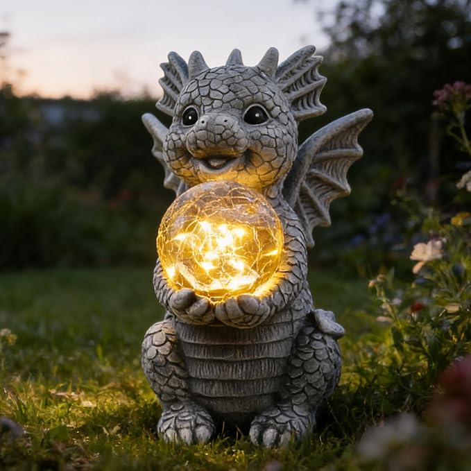 Solar Garden Decorations - Dragon Statue | Crackle Glass Ball Light, Garden Decor for Patio, Yard, Lawn, Pathway, Landescape,Housewarming Gifts for Women Mom Grandmom
