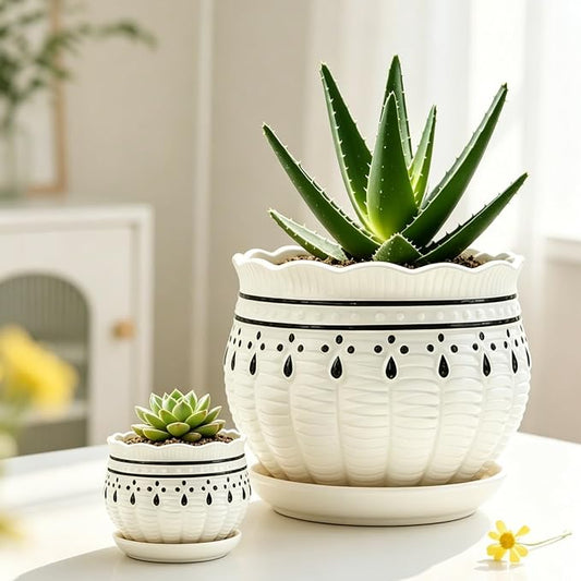 Vintage Flower Pots for Indoor Plant, Round Ceramic Plant Pots with Drainage Holes and Saucers, 6.7/5.2/3.9 Inches Retro Flower Planters Set of 3