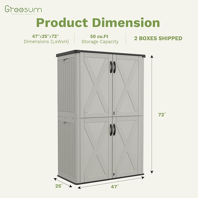 Greesum Outdoor Storage Cabinet, 50 CUFT Deck Box Without Shelves, Waterproof Plastic Storage Shed for Patio Cushions, Gardening Tools, Lockable and Sidehandles, UV Resistant, Beige