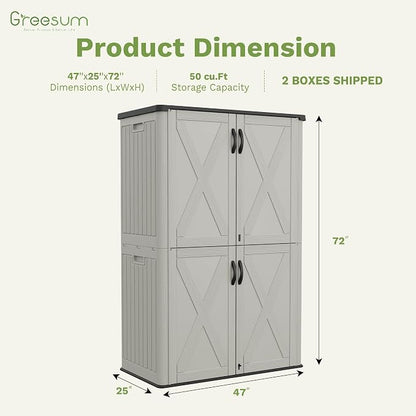 Greesum Outdoor Storage Cabinet, 50 CUFT Deck Box Without Shelves, Waterproof Plastic Storage Shed for Patio Cushions, Gardening Tools, Lockable and Sidehandles, UV Resistant, Beige