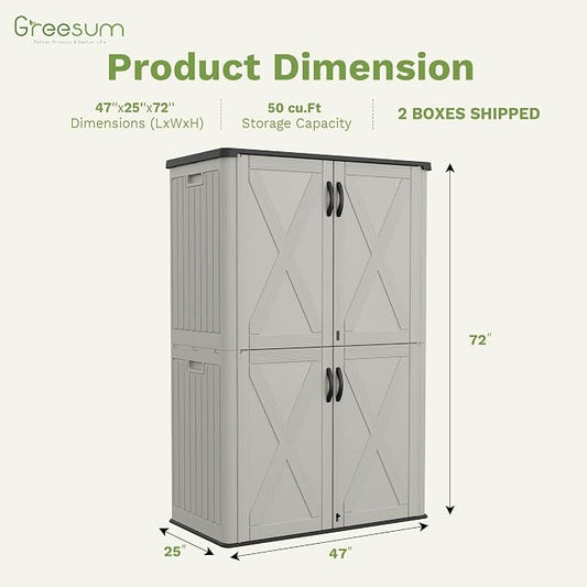 Greesum Outdoor Storage Cabinet, 50 CUFT Deck Box Without Shelves, Waterproof Plastic Storage Shed for Patio Cushions, Gardening Tools, Lockable and Sidehandles, UV Resistant, Beige