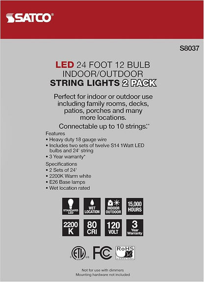Satco S8037 LED Indoor/Outdoor String Lights, Black, S14 Bulbs, 24 Feet (Pack of 2)