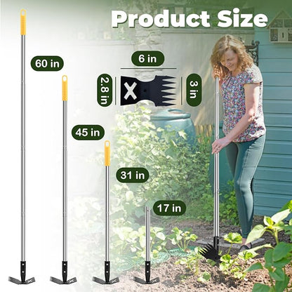 Weed Puller Tool with Long Handle, 60" Manual Weeding Tools Gardening, 2 in 1 Hand Weed Rake and Hoe Garden Weeder Tool, Uprooting Pulling Weed Remover Tool for Yard, Patio, Lawn and Garden (Yellow)