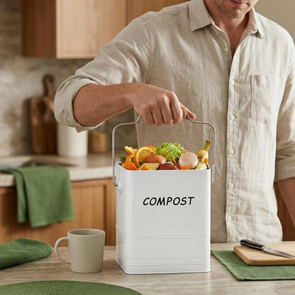Tlence 1.7 Gallon Kitchen Compost Bin, Countertop Food Waste Pail with Handles, Odorless Composting Bucket with Carbon Filters, Indoor Small Food Scrap Composter for Trash Waste, White