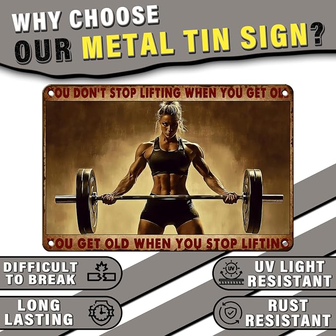 PEACHGARDEN Fitness Vintage Metal Tin Sign You Don't Stop Lifting When You Get Old Motivational Gym Wall Art for Home Weight Lifting Decor & Funny Workout Poster for Gym Cafe Bar 8x12inch