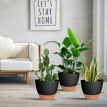 Vanslogreen Planters for Indoor Plants 3 Pack, 10/9/8 Inch Self Watering Flower Pots with Drainage Hole, Plastic Large Plant Pots (Black)