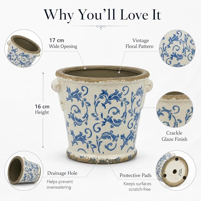 Dosayes Vintage Ceramic Flower Pot with Drainage Holes and Handle,Ice Crack Country Rustic Planters for Indoor Outdoor,Tuscan Decor,Home and Garden Decor,Gardening Present