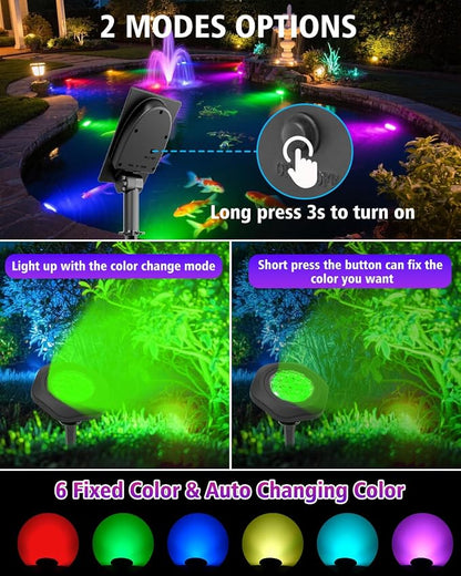 Solar Spot Lights Outdoor Waterproof IP68, RGB Pond Lights | 3-in-1 LED Solar Landscape Lights, 2 Light Modes Path Lights for Underwater Pond Garden Yard Pathway