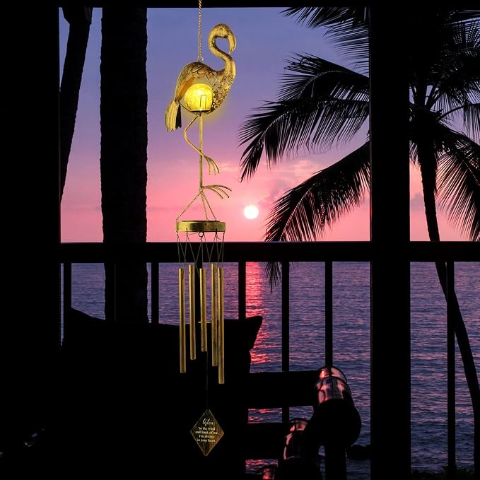 Flamingo Solar Wind Chimes for Outside Gifts for Women Mom Grandma Sister Crackle Glass Ball Flamingo Wind Chimes Solar Lights Outdoor Decor for Garden Backyard Patio Yard Porch, Birthday Gifts