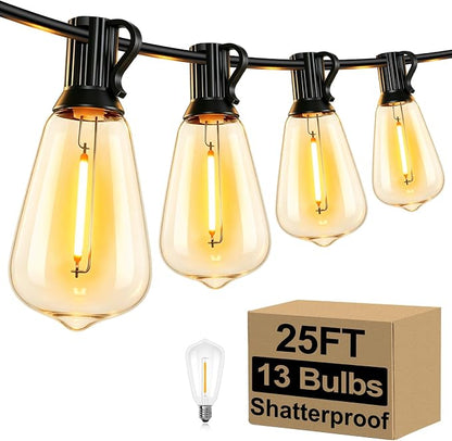 Brightever LED String Lights Outdoor Waterproof, 25FT 2200K Dimmable Patio Lights with 13 Shatterproof ST38 Vintage Edison Bulbs, Outside Hanging Light for Porch, Deck, Garden, Backyard, Balcony