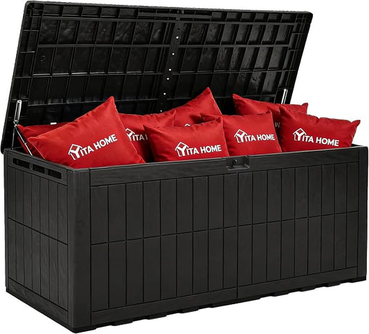 YITAHOME 240 Gallon Large Outdoor Storage Box XXL Resin Deck Box with Lock | Extra-Large Waterproof Patio Furniture Bin and 3-Person Bench Seating for Garden Tools & Pool Accessories, Black