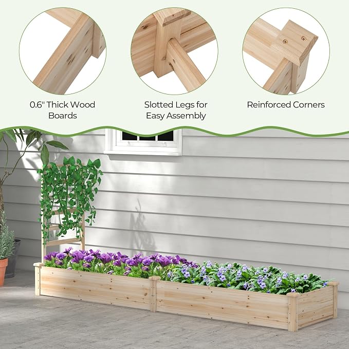 S AFSTAR Raised Garden Bed with Trellis & Planter Box, 93" L x 25" W x 40" H Outdoor Wooden Planter Box Kit for Flower Herb Vegetable Fruit Climbing Vines, Elevated Gardening Bed for Garden Patio