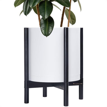 D'vine Dev Plastic Pot with Ebony Wood Stand, White, 14 in, 55-C-T-1 | Mid-Century Inspired Design, Elevated Plant Display, Clean Lines, Sturdy Support, Modern Space-Saving Style