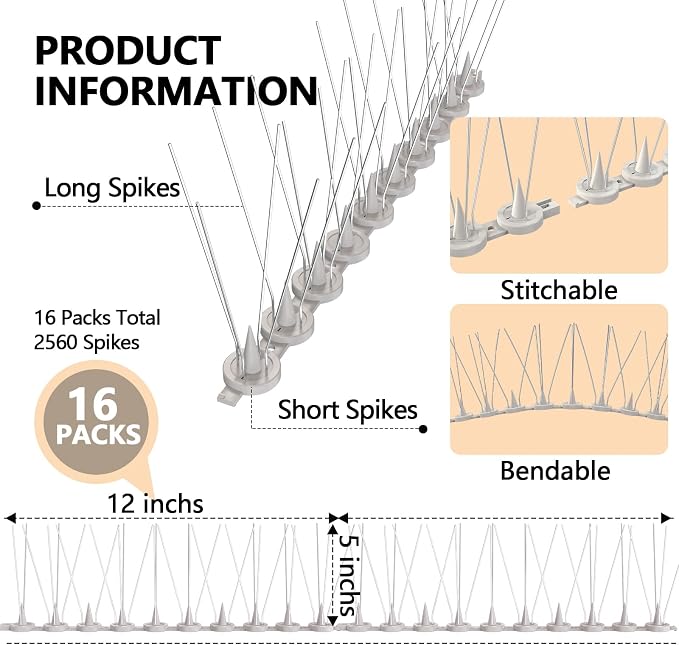 Bird Spikes, 16 Packs Pigeon Deterrent, Stainless Steel Bird Spikes Deterrent for Outside, Spikes Coverage 16 Feet, for Patio, Balcony and Garden Fence
