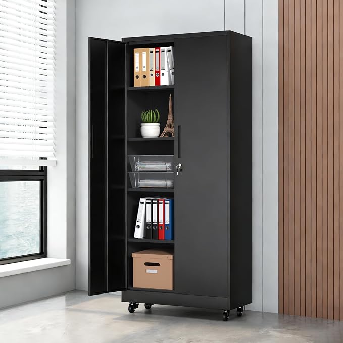 73" H Metal Cabinet with Wheels, Metal Storage Cabinet with 2 Doors and 4 Shelves, Steel Locking File Cabinet, Lockable Storage Cabinet, Tool Cabinet for Home, Office,Garage, School, Black