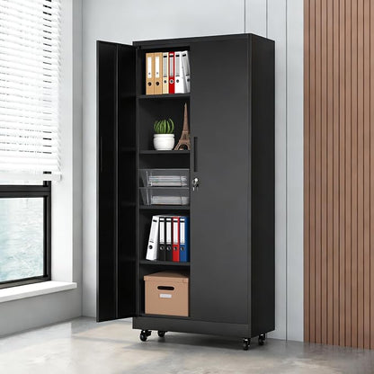 73" H Metal Cabinet with Wheels, Metal Storage Cabinet with 2 Doors and 4 Shelves, Steel Locking File Cabinet, Lockable Storage Cabinet, Tool Cabinet for Home, Office,Garage, School, Black