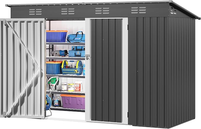 DWVO 8.5x3.5ft Large Outdoor Storage Shed, Metal Tool Sheds, Heavy Duty Tool Storage with Lockable Doors & Air Vent for Backyard Patio Lawn to Store Bikes, Tools, Lawnmowers, Dark Gray