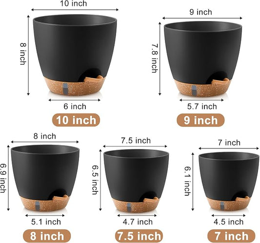 QRRICA Plant Pots 10/9/8/7.5/7 Inch Self Watering Pots, with Drainage Holes and Saucers,Water Level Indicator & Deep Reservoir,Large Plastic Planter for Indoor Out Door Plants (Black)