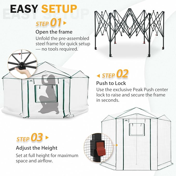 EAGLE PEAK 8.5x8.5 Portable Walk in Greenhouse, Pop Up Indoor Outdoor Greenhouse, Green House Kit with Zippered Roll-Up Doors and Windows, Hexagon Design, PE Cover, Clear/White