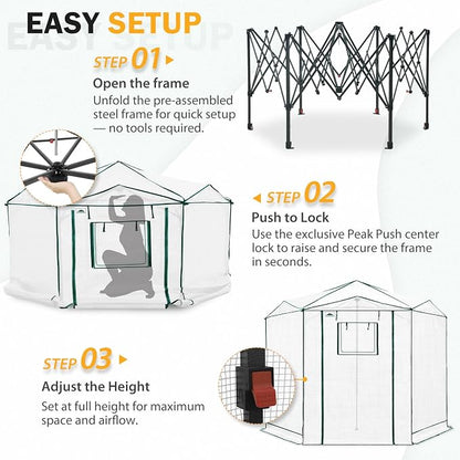 EAGLE PEAK 8.5x8.5 Portable Walk in Greenhouse, Pop Up Indoor Outdoor Greenhouse, Green House Kit with Zippered Roll-Up Doors and Windows, Hexagon Design, PE Cover, Clear/White