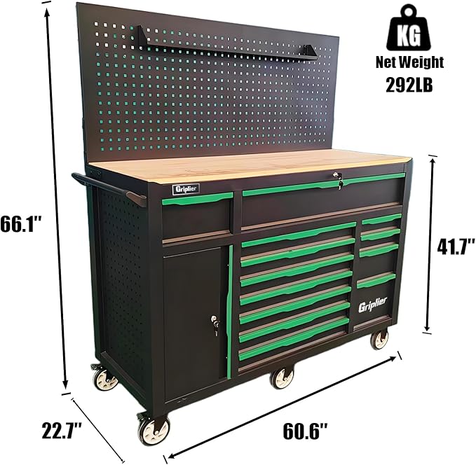 13-Drawers Rolling Tool Cabinet with Wood Workbench,Pegboard,60.6W x 22.7D x 66.1H inch,Heavy-Duty Steel Tool Storage,Lock & Key for Home,Garbge or Workshop Use(13 Drawer + 348 Pieces Tools)