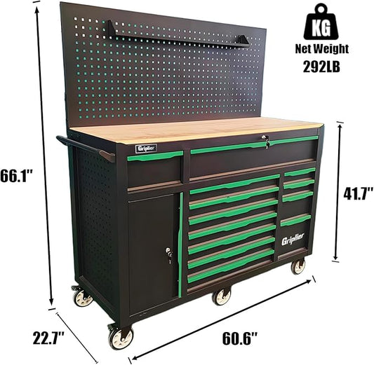 13-Drawers Rolling Tool Cabinet with Wood Workbench,Pegboard,60.6W x 22.7D x 66.1H inch,Heavy-Duty Steel Tool Storage,Lock & Key for Home,Garbge or Workshop Use(13 Drawer + 348 Pieces Tools)