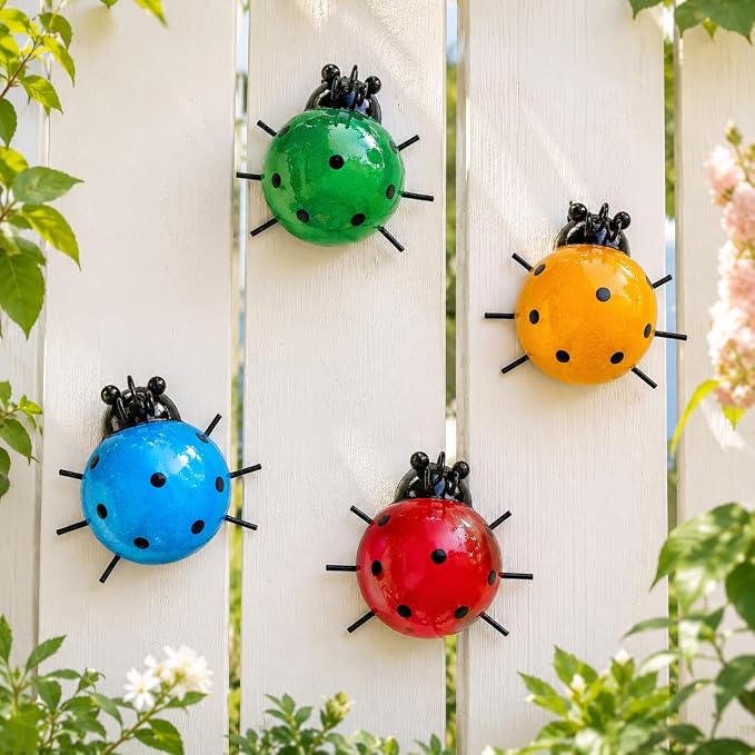 MACLARONX Metal Ladybugs Outdoor Yard Art Garden Fence Decor Set of 4 Cute Lady-Bugs Wall Sculptures Colorful 3D Ornaments for Backyard Balcony Patio