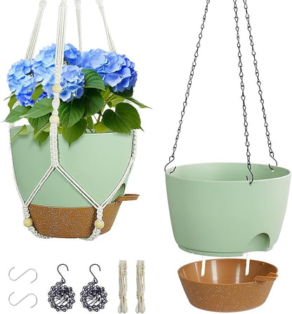Meowell 10 inch Self Watering Hanging Planters for Indoor Plants, 2 Pack Hanging Baskets for Outdoor Plants, Hanging Flower Pots with Drainage Holes & 2 Kinds of Plant Hangers for Home Decor, Green