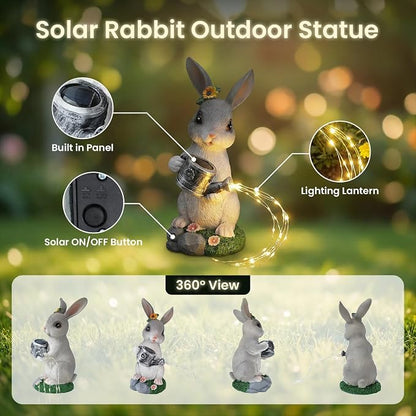 Solar Rabbit Garden Statues Outdoor Decor, Resin Rabbit Figurine Decorations with Solar Watering Can Light, Whimsical Bunny Sculpture for Garden Patio, Balcony, Yard, Lawn Ornament