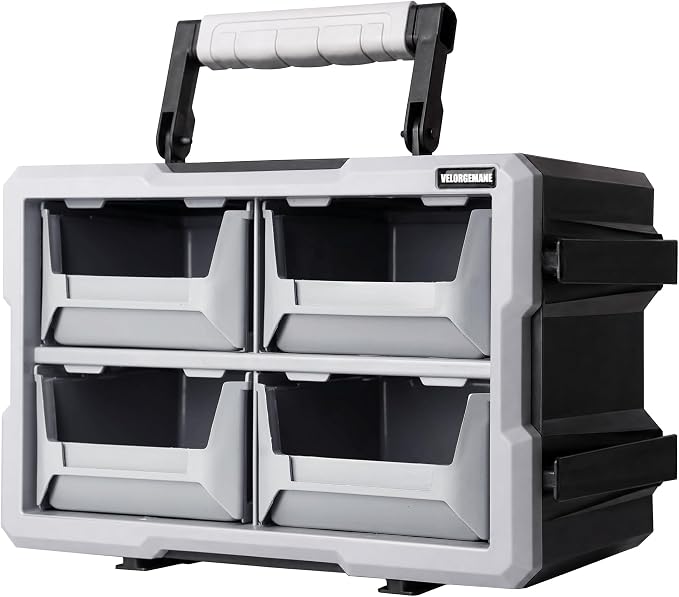 4 Bin Modular Stackable Storage Organizer System with Interlocking Frame, Removable Handle, Wall-Mount Back Panel, Heavy-Duty Garage & Workshop Storage Solution