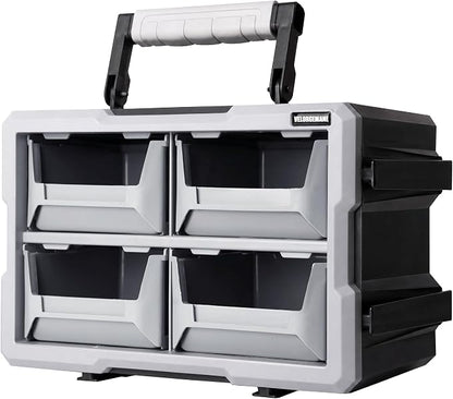 4 Bin Modular Stackable Storage Organizer System with Interlocking Frame, Removable Handle, Wall-Mount Back Panel, Heavy-Duty Garage & Workshop Storage Solution