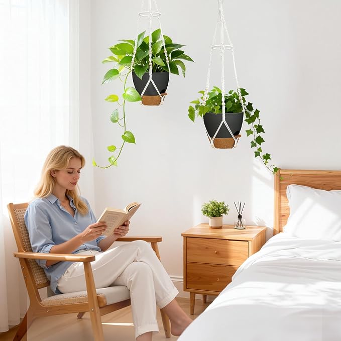 2 Pack Self Watering Hanging Planters with Grow Light for Indoor Plants | 10 Brightness, 3 Light Modes, 3/9/12H Timer, Built-In Reservoir, Drainage Holes, 10 in Pots