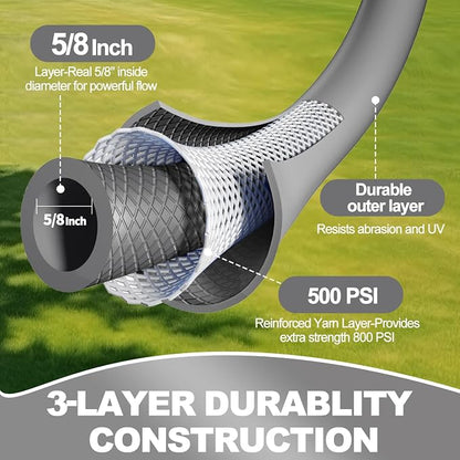 YOTOO Heavy Duty Hybrid Garden Water Hose 5/8-Inch by 75-Feet 150 PSI Kink Resistant, Flexible with Swivel Grip Handle and 3/4" GHT Solid Brass Fittings, Gray