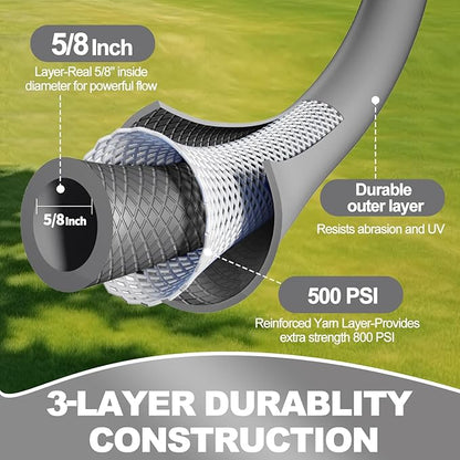 YOTOO Heavy Duty Hybrid Garden Water Hose 5/8-Inch by 50-Feet 150 PSI Kink Resistant, Flexible with Swivel Grip Handle and 3/4" GHT Solid Brass Fittings, Gray