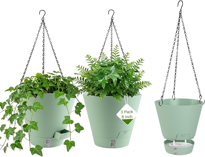 8 Inch Hanging Planters Indoor Outdoor, 3 Pack Plastic Self Watering Plant Pots with Drainage Holes & Saucers, Hanging Baskets Flower Pots with Chain for Ivy, Spider Plant, Pothos, Ferns