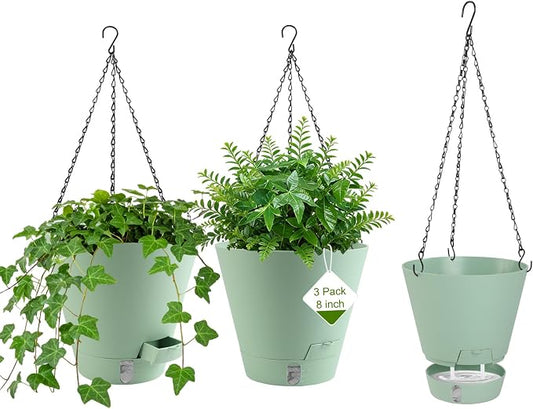 8 Inch Hanging Planters Indoor Outdoor, 3 Pack Plastic Self Watering Plant Pots with Drainage Holes & Saucers, Hanging Baskets Flower Pots with Chain for Ivy, Spider Plant, Pothos, Ferns