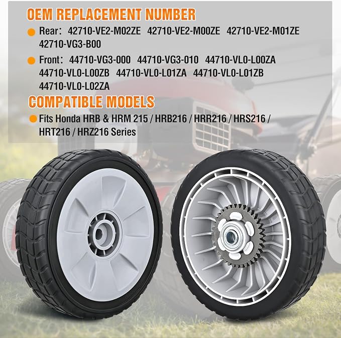 Yesker Lawn Mower Wheels Replacement 8 Inch, 2 Rear 42710-VE2-M02ZE and 2 Front 44710-VL0-L02ZA, Honda Lawnmower Wheels fits HRB215 HRB216 HRB217 and More for Self-Propelled Walk-Behind, 4-Pack