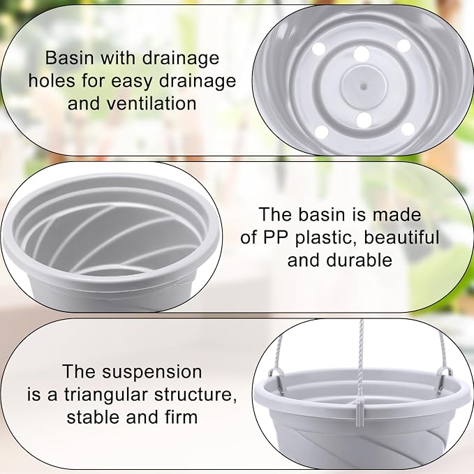 Tioncy 50 Pcs Plastic Hanging Planter Round Hanging Pot for Plants Containers with Hook Flower Plant Pots Holders for Outdoor Indoor Plant Balcony Garden Decor(Gray White,6.7inch)