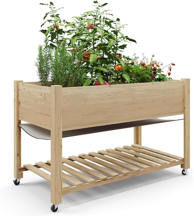 Rolling Elevated Planter Box on Wheels, 48x24x30 Inch Mobile Raised Garden Bed with Locking Casters, Storage Shelf, Wooden Outdoor Planter for Vegetables Flowers Patio Backyard, Natural Wood