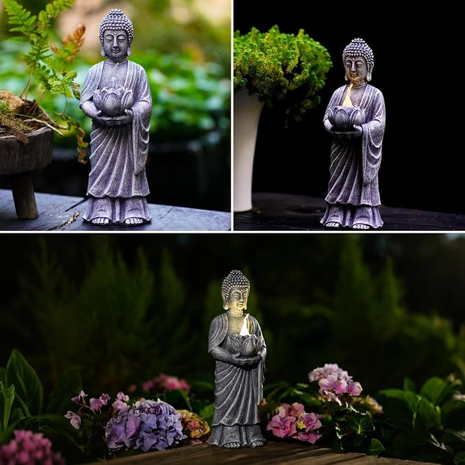 Solar Buddha Statue Outdoor - 11 Inch Tall Solar Outdoor Yard Zen Garden Decor - Ideal Gifts for Housewarming