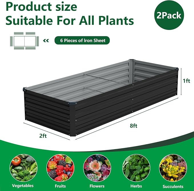 Vengarus 2PCS 8x2x1ft Galvanized Raised Garden Beds Kit,Planter Box Black | Galvanized Steel, Rectangular Metal Planter Raised Beds, Vegetables, Herbs, Flowers, Easy Assembly, Rustproof Safe Backyard