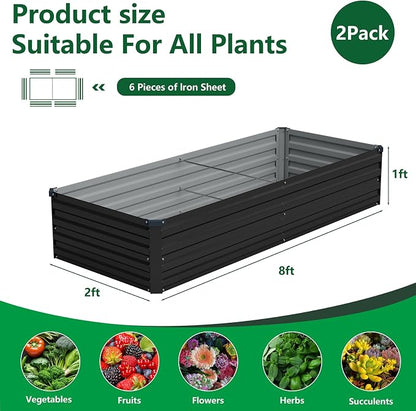 Vengarus 2PCS 8x2x1ft Galvanized Raised Garden Beds Kit,Planter Box Black | Galvanized Steel, Rectangular Metal Planter Raised Beds, Vegetables, Herbs, Flowers, Easy Assembly, Rustproof Safe Backyard