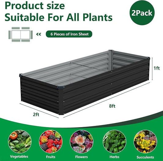 Vengarus 2PCS 8x2x1ft Galvanized Raised Garden Beds Kit,Planter Box Black | Galvanized Steel, Rectangular Metal Planter Raised Beds, Vegetables, Herbs, Flowers, Easy Assembly, Rustproof Safe Backyard