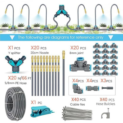 Drip Irrigation System, 66Ft 5/16 Inch Hose, 20 Adjustable Copper Nozzles, Automatic Atomizing Watering Kit for Greenhouse, Outdoor, Raised Bed, Lawn