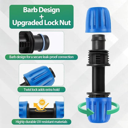 RedChili 10 Pcs 1/2 Inch Irrigation Tubing Coupling Fittings, (1/2" ID x0.6-0.65" OD) 16mm Drip Tubing Barbed Locked Nuts Connectors Anti-Drop 1/2" Coupler Parts for Garden Lawn Irrigation System