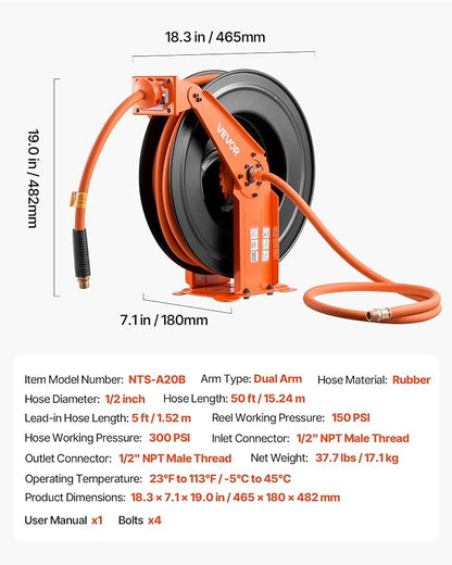 VEVOR Retractable Air Hose Reel, 1/2 Inch x 50 FT Rubber Air Hose Max 300PSI, Auto Rewind Air-Compressor Hoses Reel with 5 ft Lead in, Ceiling/Wall Mount Heavy Duty Steel Double Arm