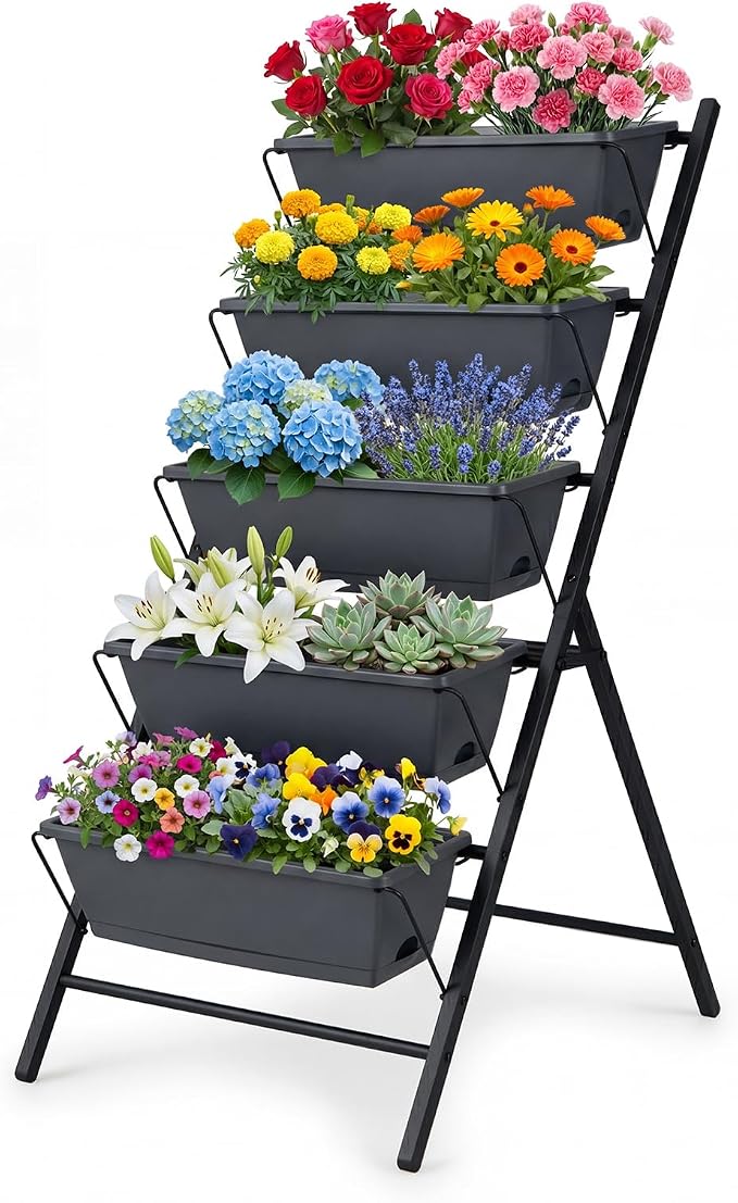 Giantex 5-Tier Vertical Garden Planter, Raised Garden Bed w/Drainage System & Removable Tray, Metal Frame Elevated Planter Boxes for Herb Vegetable Flower Grow, Outdoor Indoor Patio Balcony Backyard