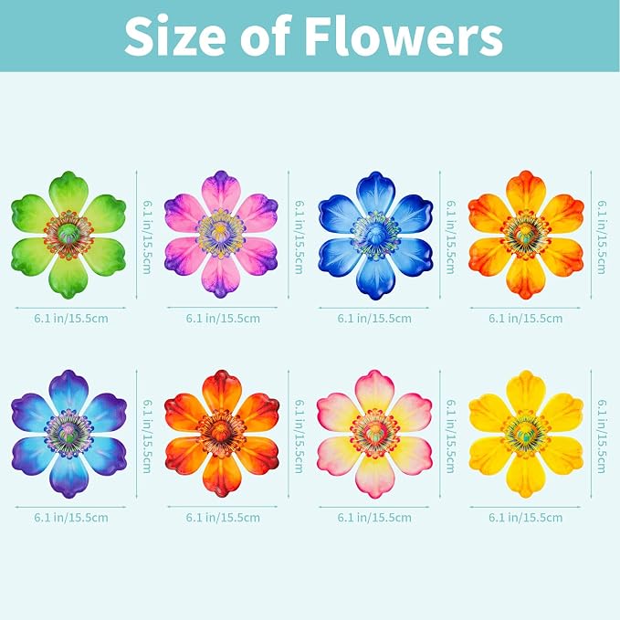8Pcs Metal Flower Decor, 6.2" Outddoor Metal Wall Art Hanging Decoration for Garden Fence Yard Living Room Patio Backyard, Metal Flowers for Outside